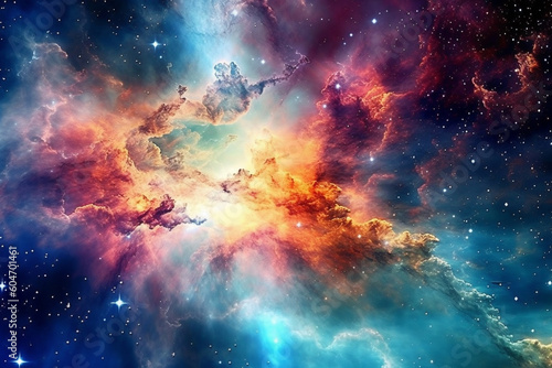 Illustration showcasing a vibrant space nebula. Intricate gas clouds swirl and dance, creating a mesmerizing display of colors. Ai generated