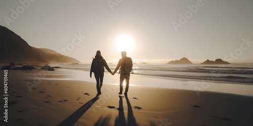couple walking on the beach at sunset. hiking, travel, harmony, lifestyle