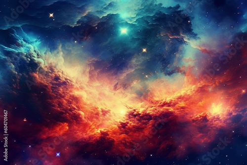 Illustration showcasing a vibrant space nebula. Intricate gas clouds swirl and dance  creating a mesmerizing display of colors. Ai generated