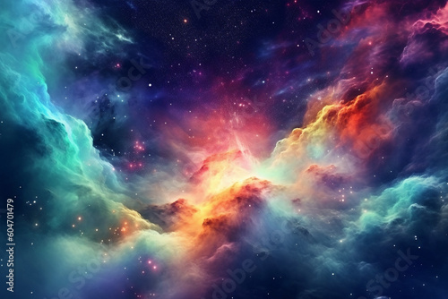 Illustration showcasing a vibrant space nebula. Intricate gas clouds swirl and dance, creating a mesmerizing display of colors. Ai generated © twindesigner