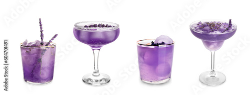 Collage of cold cocktails with lavender in glasses on white background