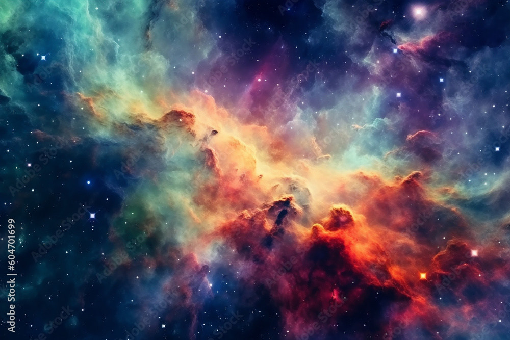 Illustration showcasing a vibrant space nebula. Intricate gas clouds swirl and dance, creating a mesmerizing display of colors. Ai generated