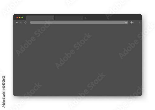 Web browser window design on a white background. Vector frame of a website template with a shadow. An empty layout of the website's computer screen with a search bar and buttons in night mode. Vector