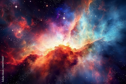 Illustration showcasing a vibrant space nebula. Intricate gas clouds swirl and dance, creating a mesmerizing display of colors. Ai generated