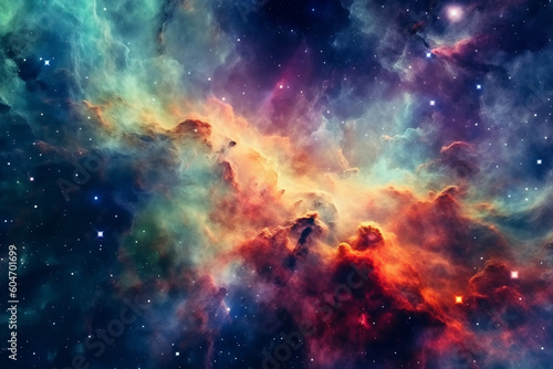 Illustration showcasing a vibrant space nebula. Intricate gas clouds swirl and dance, creating a mesmerizing display of colors. Ai generated