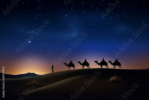 Camels walking in the desert in moonlight