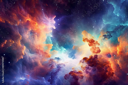 Illustration showcasing a vibrant space nebula. Intricate gas clouds swirl and dance  creating a mesmerizing display of colors. Ai generated