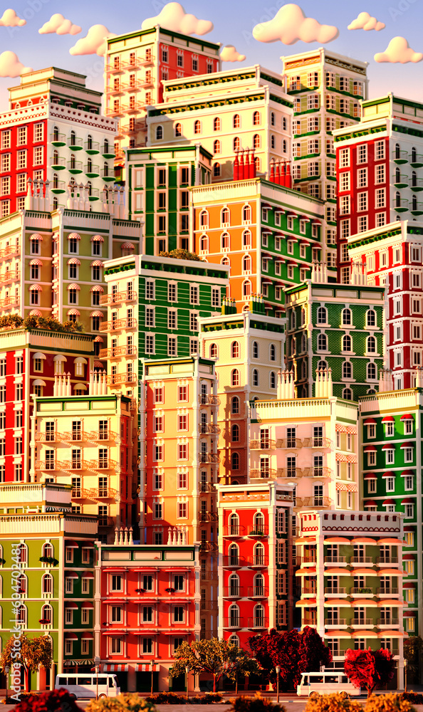 Beautiful city 3D rendering illustration. Apartments buildings at sunset.