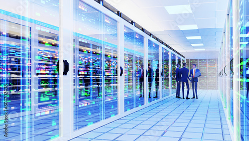 Fototapeta Naklejka Na Ścianę i Meble -  Interior of Big Modern server room with rows of rack cabinets and businessman monitoring machines working. Mining farm interior with beautiful neon lights reflections. 3D rendering illustration