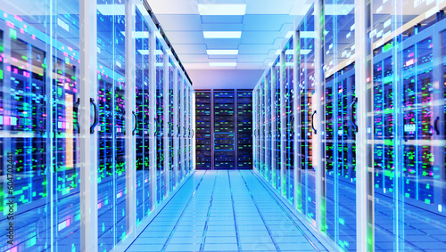 Interior of Big Modern server room with rows of rack cabinets, data centre or mining farm interior with beautiful neon lights reflections. 3D rendering illustration
