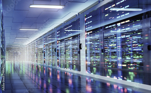 Interior of Big Modern server room with rows of rack cabinets and businessman monitoring machines working. Mining farm interior with beautiful neon lights reflections. 3D rendering illustration