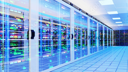 Fototapeta Naklejka Na Ścianę i Meble -  Interior of Big Modern server room with rows of rack cabinets, data centre or mining farm interior with beautiful neon lights reflections. 3D rendering illustration