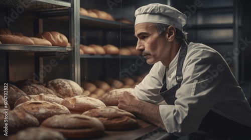 Fotografia Male baker chef with an apron making delicious baked goods in the bakery