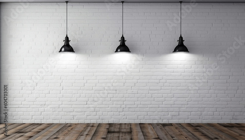 White Brick Studio Background with Three Black Lights and Wood Flooring Against a White Brick Wall - Generative AI