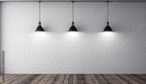 White Brick Studio Background with Three Black Lights on Wood Flooring and White Brick Wall - Generative AI