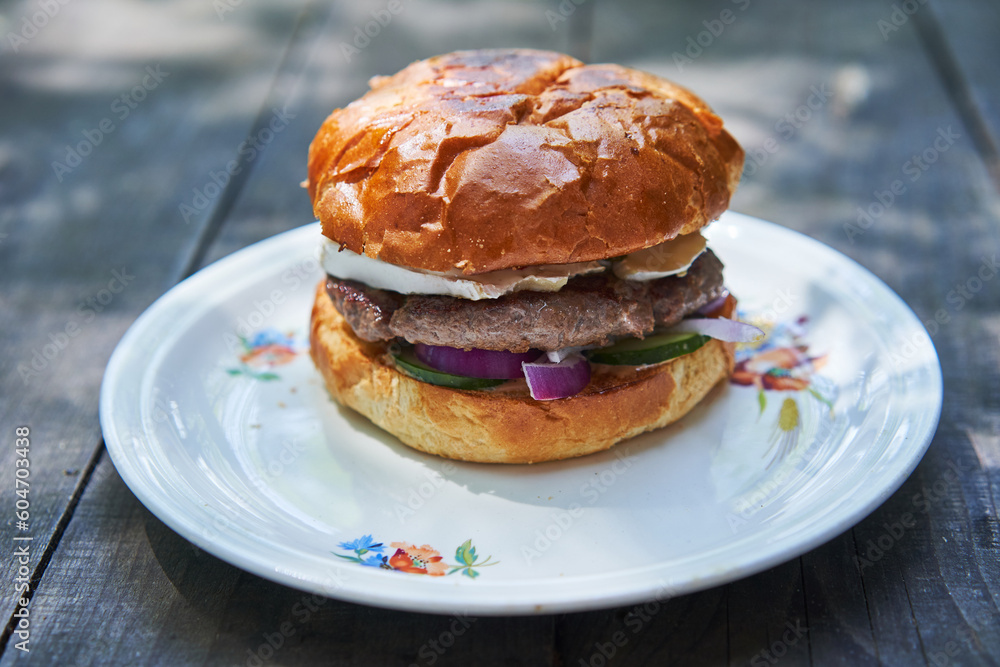 Close up picture of homemade juicy and tasty hamburger made from melted beef from organic farming, white italian style cheese, red onion, pickles, tomato and cucumber served on white rustic plate. Close up picture of homemade juicy and tasty hamburger made from melted beef from organic farming, white italian style cheese, red onion, pickles, tomato and cucumber served on white rustic plate.