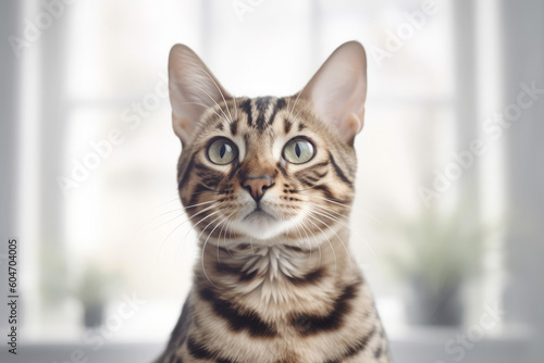 portrait of bengal cat in white room looking into the camera, close up, created with Generative AI Technology