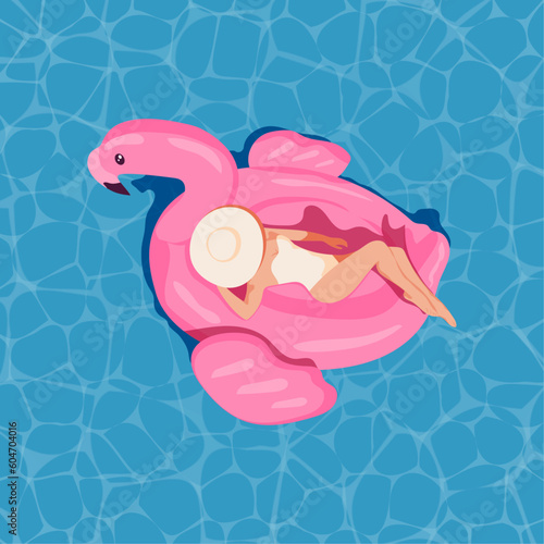 Beautiful sexy woman inflatable giant pink flamingo float mattress in blue swimming pool with text space. Summer vibes tourist. Hello summer poster 