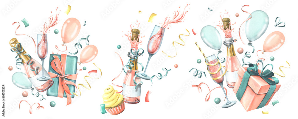 Champagne in bottles and glasses with cake, gifts, balloons, candles, flags and confetti. Watercolor illustration. A set festive compositions BIRTHDAY. For congratulations Champagne in bottles and glasses with cake, gifts, balloons, candles, flags and confetti. Watercolor illustration. A set festive compositions BIRTHDAY. For congratulations
