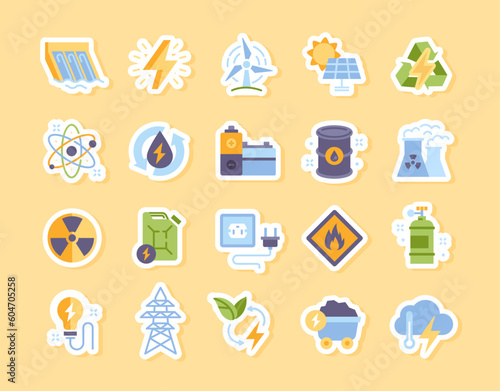 Energy stickers set. Icons for site with sources of energy and electricity. Solar panel, windmill. battery and factory, nuclear and water station. Flat vector collection isolated on yellow background