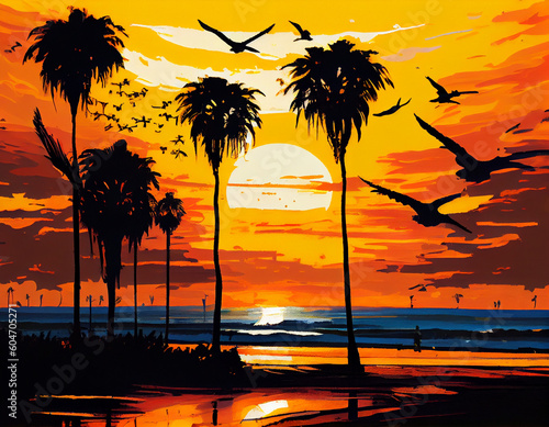 Stunning Sunrise Over Palm Tree-lined Beach