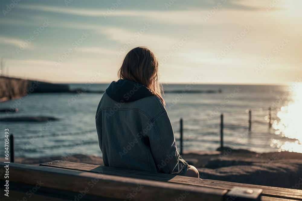 Fototapeta premium A lonely girl sitting on a bench with a sea view.Back view.Created with generative ai