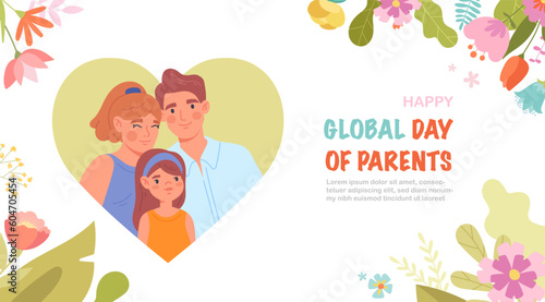 Global day of parents. Man and woman with child in silhouette of heart next to text. Love, care and support. International holiday and festival. Happy family with kid. Cartoon flat vector illustration