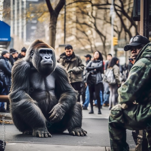 **NO RELEASE NEEDED** A.I. Generated Gorilla and people in a busy city
