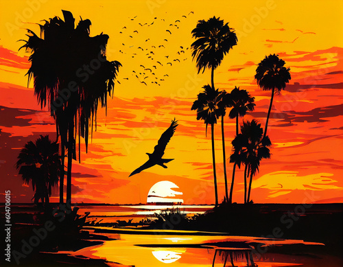 Captivating Sunrise Along a Palm Tree-lined Beach