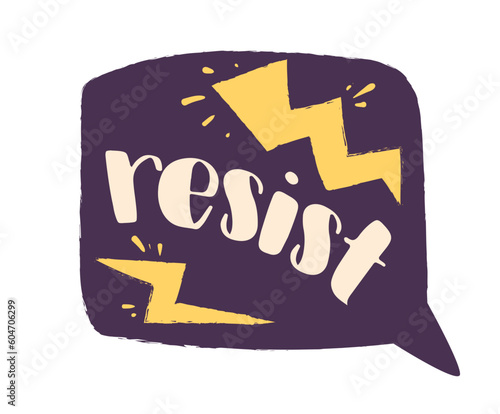 Femme slogan sticker. Resist inscription with stars. Blue speech bubble with text. Self confident and acceptance. Poster or banner for website. Cartoon flat vector illustration