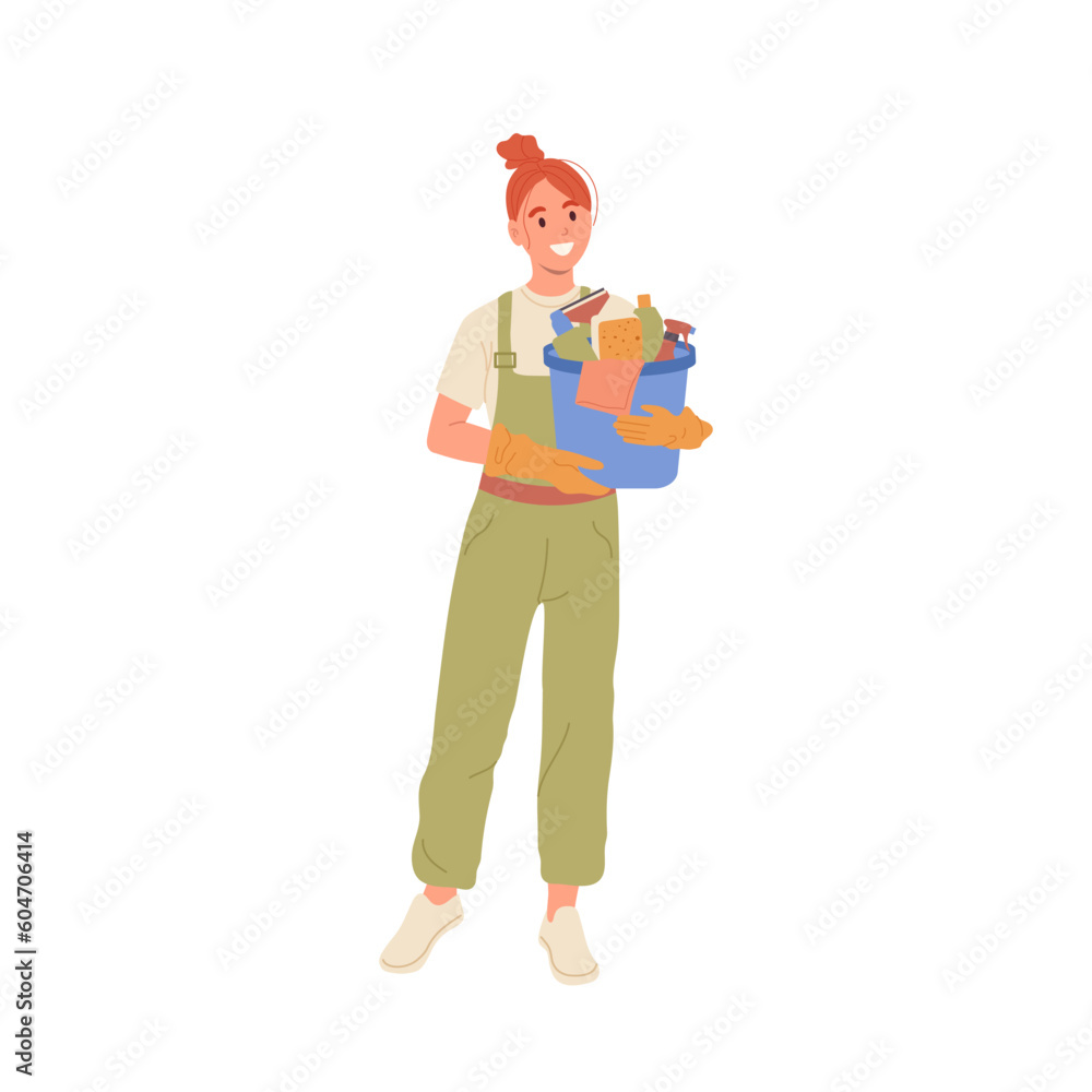 Flat cartoon happy smiling woman house worker character carrying bucket with cleaning supplies