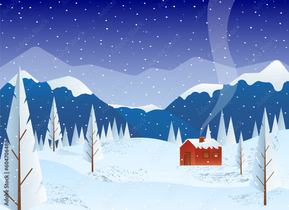 Rural house on the background of mountains, snow and trees. Evening winter landscape. Flat vector illustration. For covers, advertising flyers, design and decor, packaging and brochures.
