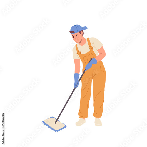 Flat cartoon man janitor professional cleaning service worker character sweeping floor with mop