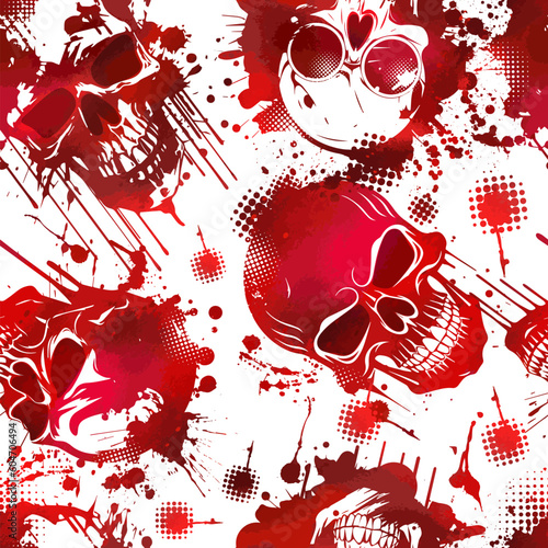 Grunge red seamless pattern with skulls. Vector illustration.