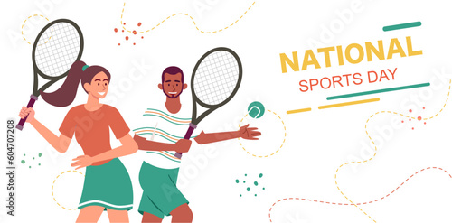 National sports day. Man and woman with rackets and ball. Active lifestyle and fitness. International holiday and festival. Greeting postcard design. Cartoon flat vector illustration