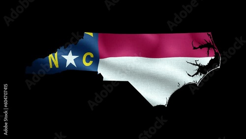 4K waving detailed textured flag of North Carolina animation on the map. Loop alpha channel seamless North Carolinian flag on territory. Outline geographic state border of North Carolina stock video.