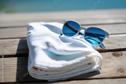 sunglasses on a white towel. Generative AI © 2rogan