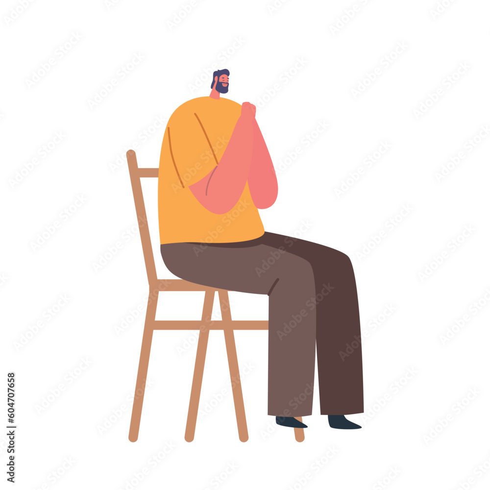 Fototapeta premium Male Character Sitting on Chair, Eyes Closed, Hands Clasped, Deep In Prayer. Man Seeking Solace, Guidance, Faith