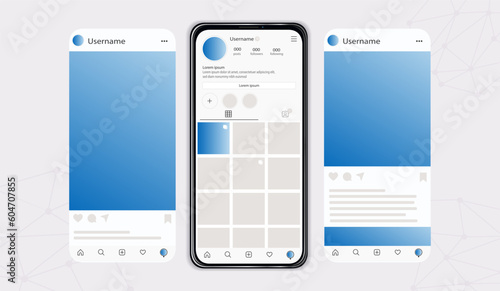 Social network at smartphone. Posts and stories, online communication and interaction, interesting content. Template, layout and mock up. UI and UX design for mobile app. Flat vector illustration