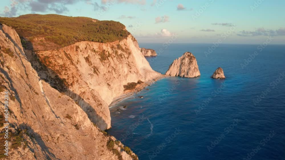 Aerial drone view of Keri cliffs landscape at sunset on Zakynthos island, Greece Aerial drone view of Keri cliffs landscape at sunset on Zakynthos island, Greece