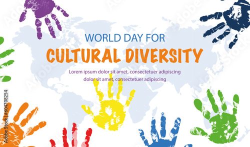 World day for cultural diversity. International holiday or festival 21 May. Multicolored handprints on background of world map. International communication. Cartoon flat vector illustration