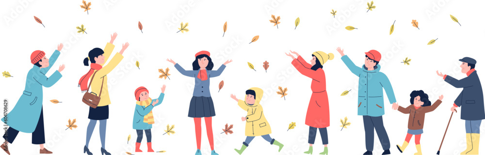 People recreation outdoor, autumn leaves falling. Happy fall, adults and children playing in park or forest. November october recent vector scene People recreation outdoor, autumn leaves falling. Happy fall, adults and children playing in park or forest. November october recent vector scene