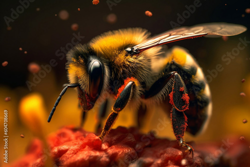 Close up of a bumble bee with yellow flower pollen explosion. Generative AI