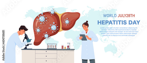 World hepatitis day. Man and woman in medical gowns examine liver in laboratory. Young guy looks at molecules through microscope. Fight against diseases, treatment. Cartoon flat vector illustration