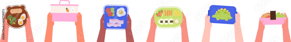 Kids holding lunch boxes, kindergarten breakfast take away. Children eating in school, pupils with vibrant food box, racy vector background Kids holding lunch boxes, kindergarten breakfast take away. Children eating in school, pupils with vibrant food box, racy vector background