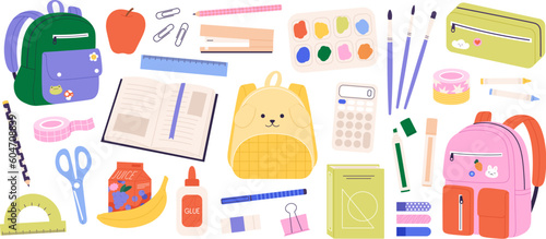 Back to school collection, accessories and stationery. Isolated children education tools, book and backpacks. Kindergarten study racy vector clipart