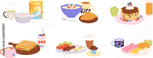 Served different breakfast food. Appetizing porridge, fruit and juice. Healthy meal and coffee, morning dishes serving. Isolated lunch racy vector set