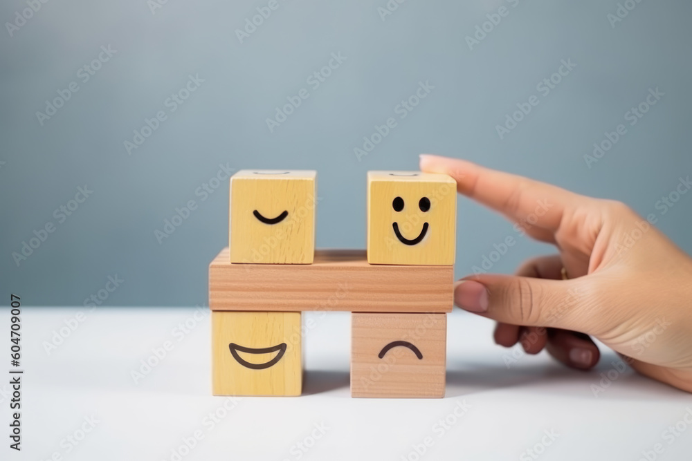 Customer service and Satisfaction concept ,Business people show a feedback with smile face wood cube happy Smiley face icon to give satisfaction in service. rating very impressed. AI Customer service and Satisfaction concept ,Business people show a feedback with smile face wood cube happy Smiley face icon to give satisfaction in service. rating very impressed. AI