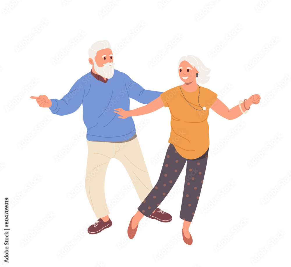 Happy active stylish grandmother and grandfather characters having dance class entertainment Happy active stylish grandmother and grandfather characters having dance class entertainment