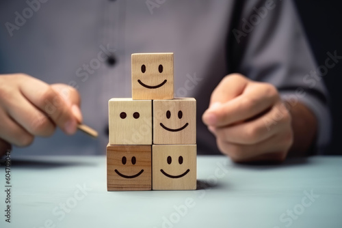 Customer services best excellent business rating experience. Satisfaction survey concept. Hand of a businessman chooses a smile face on wood block. AI